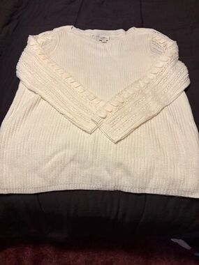 St. John's Bay Cream Crewneck Sweater with Lace-Trim Sleeves